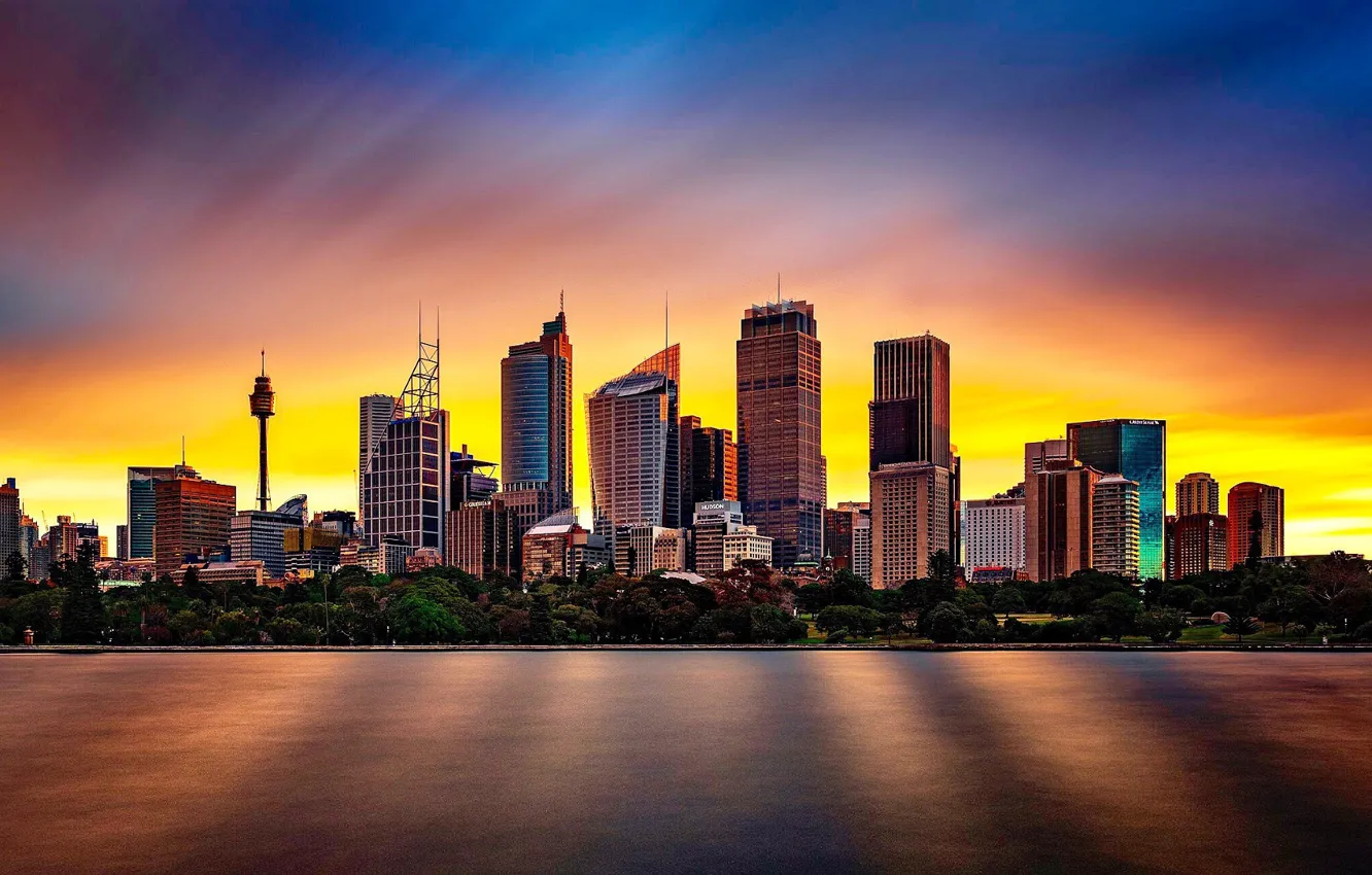 Photo wallpaper the sky, trees, landscape, the city, dawn, coast, building, home