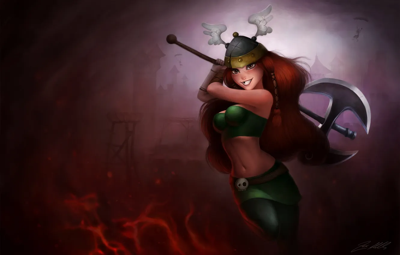 Photo wallpaper girl, smile, art, axe, red hair, The Vikings