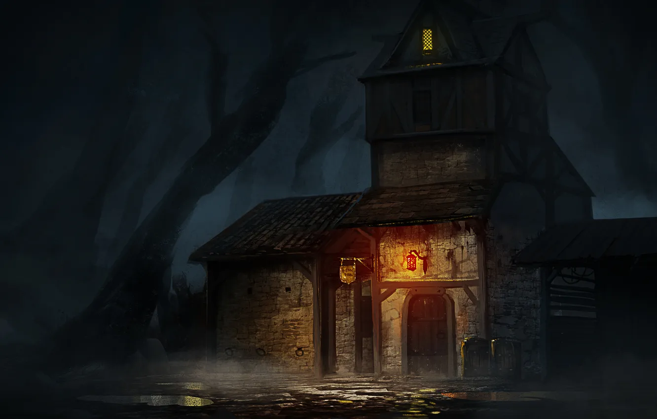 Photo wallpaper forest, night, home, puddle, art, lights, gloomy