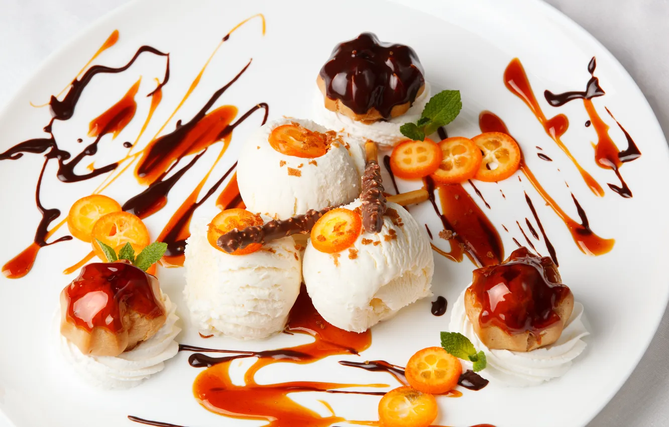 Photo wallpaper chocolate, ice cream, citrus, dessert, eclairs, mint leaves