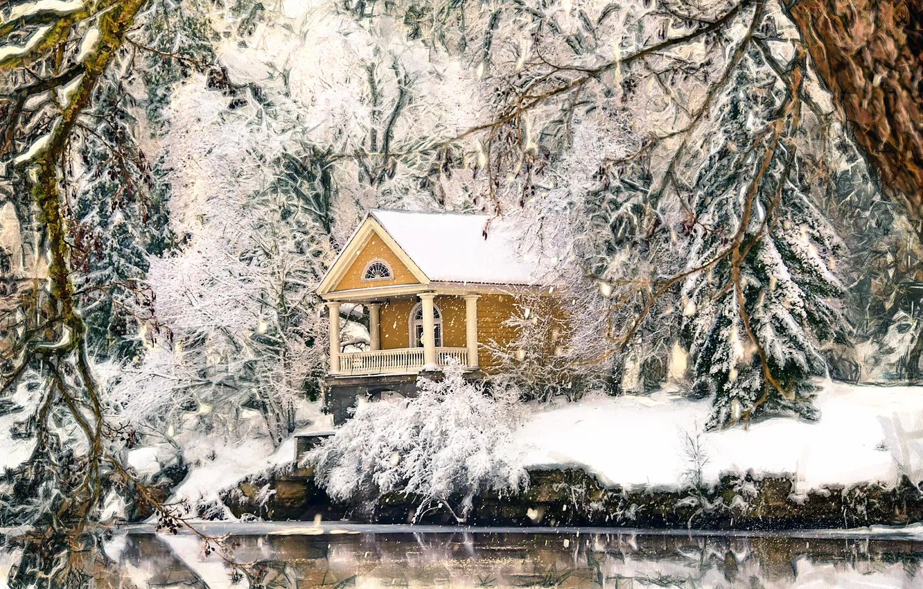 Photo wallpaper snow, trees, house