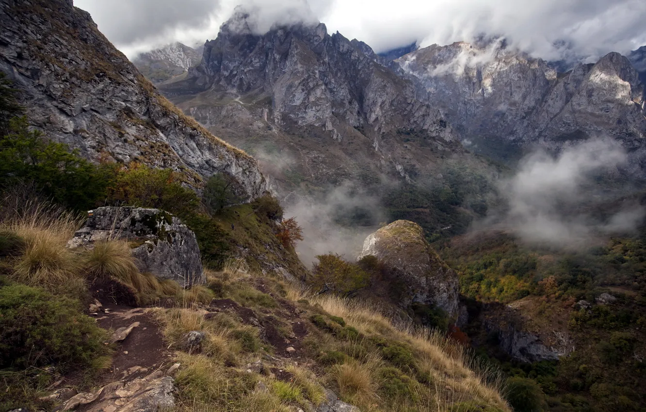 Photo wallpaper landscape, mountains, fog