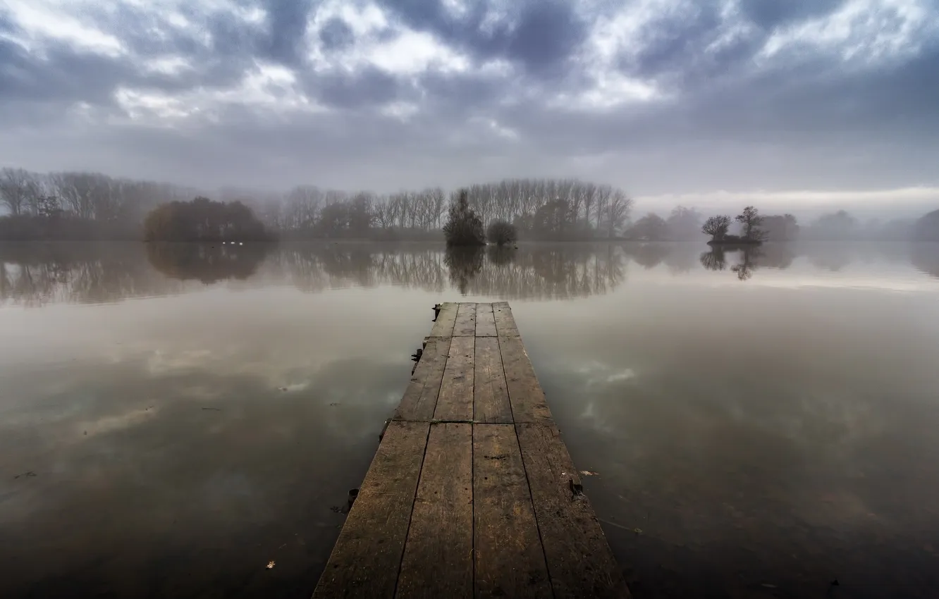 Photo wallpaper bridge, fog, lake