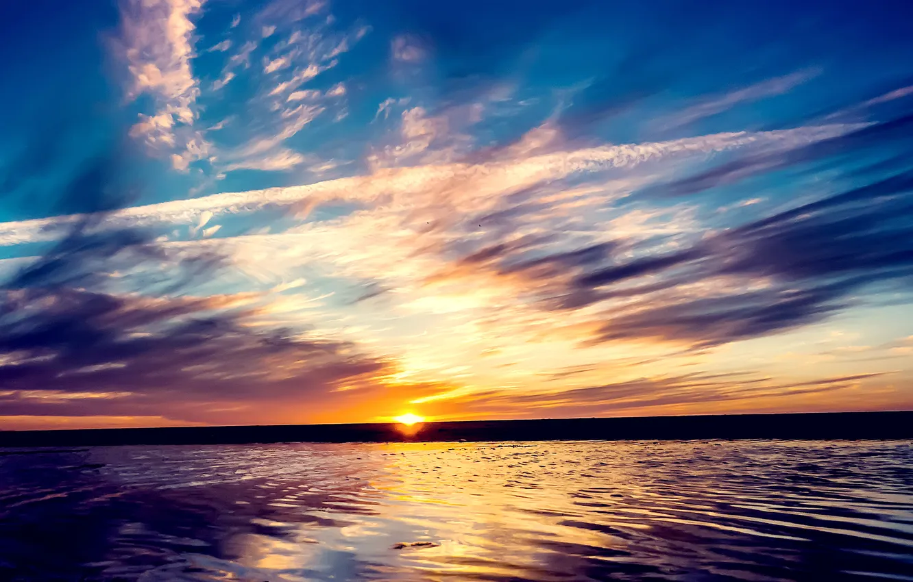 Photo wallpaper the sky, the sun, clouds, sunset, lake, shore
