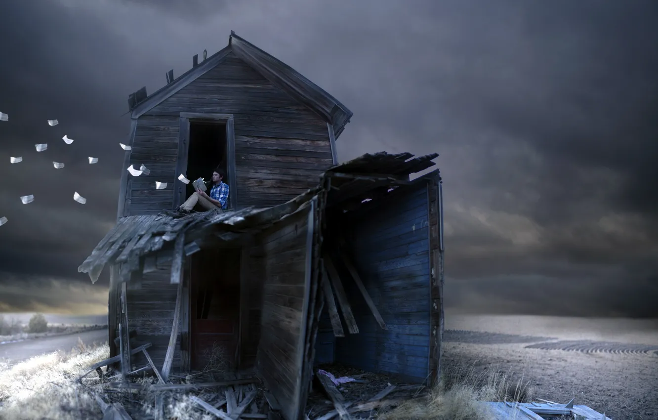 Photo wallpaper house, clouds, old, cold, selfportrait, Modeling