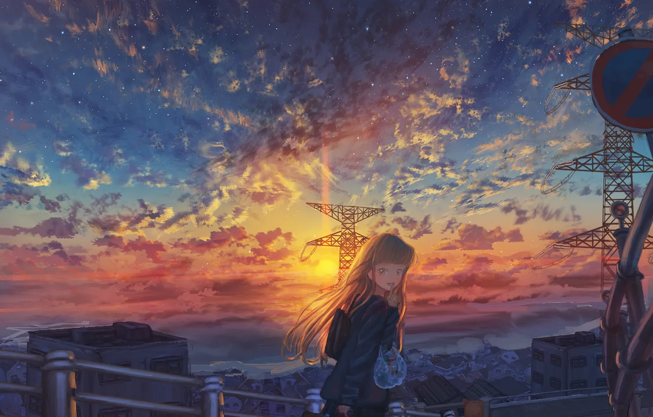 Photo wallpaper girl, sunset, the city