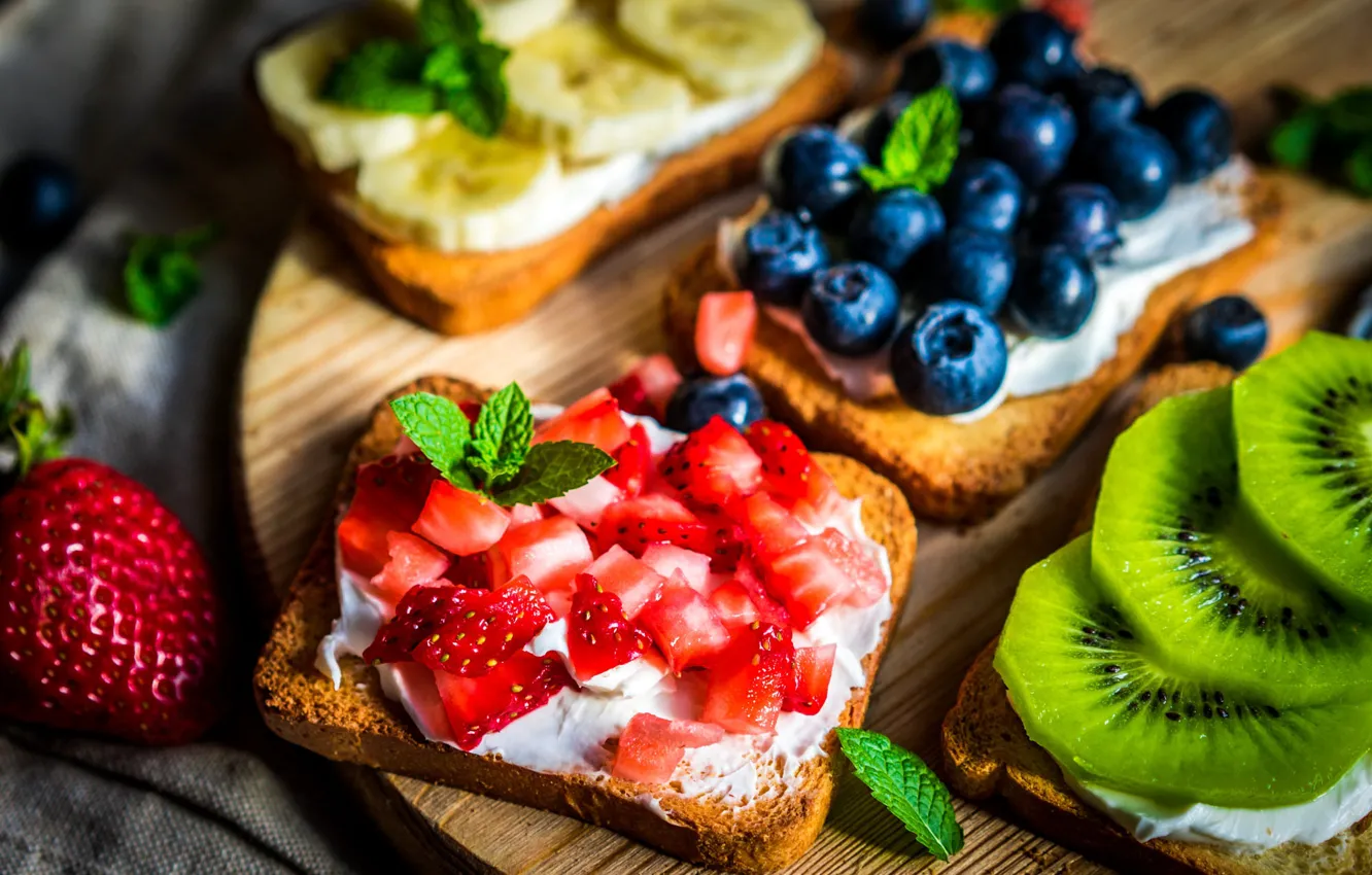 Photo wallpaper leaves, berries, Board, kiwi, strawberry, bread, bananas, fruit