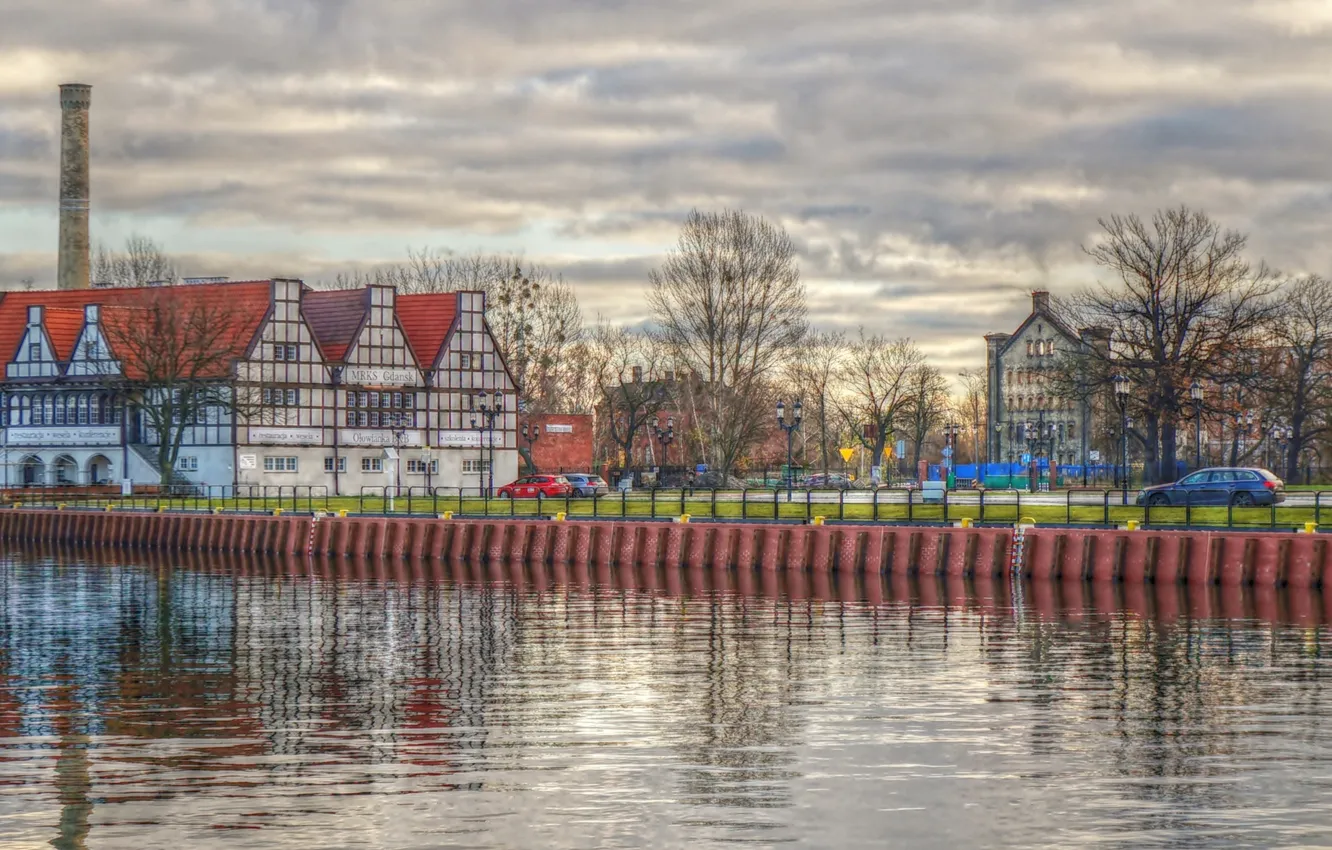 Photo wallpaper river, street, building, Gdansk