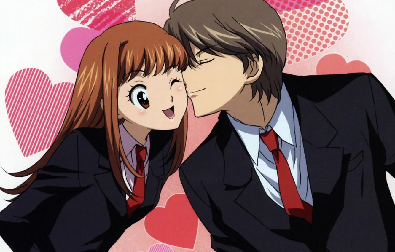 Photo wallpaper costume, tie, hearts, two, art, wink, Naughty kiss, Will and Kiss