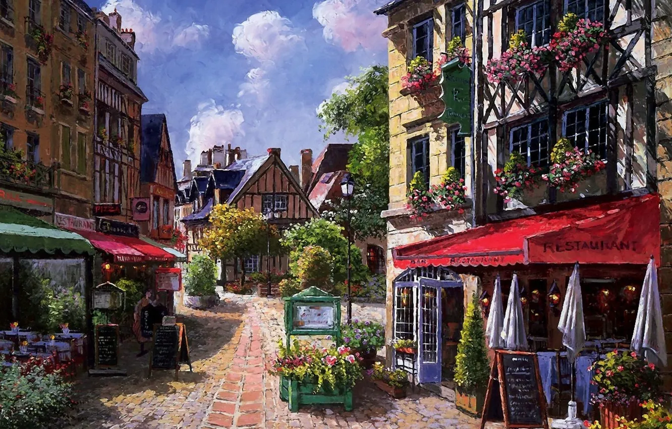 Photo wallpaper flowers, umbrella, street, home, picture, cafe, canopy, Sung Sam Park