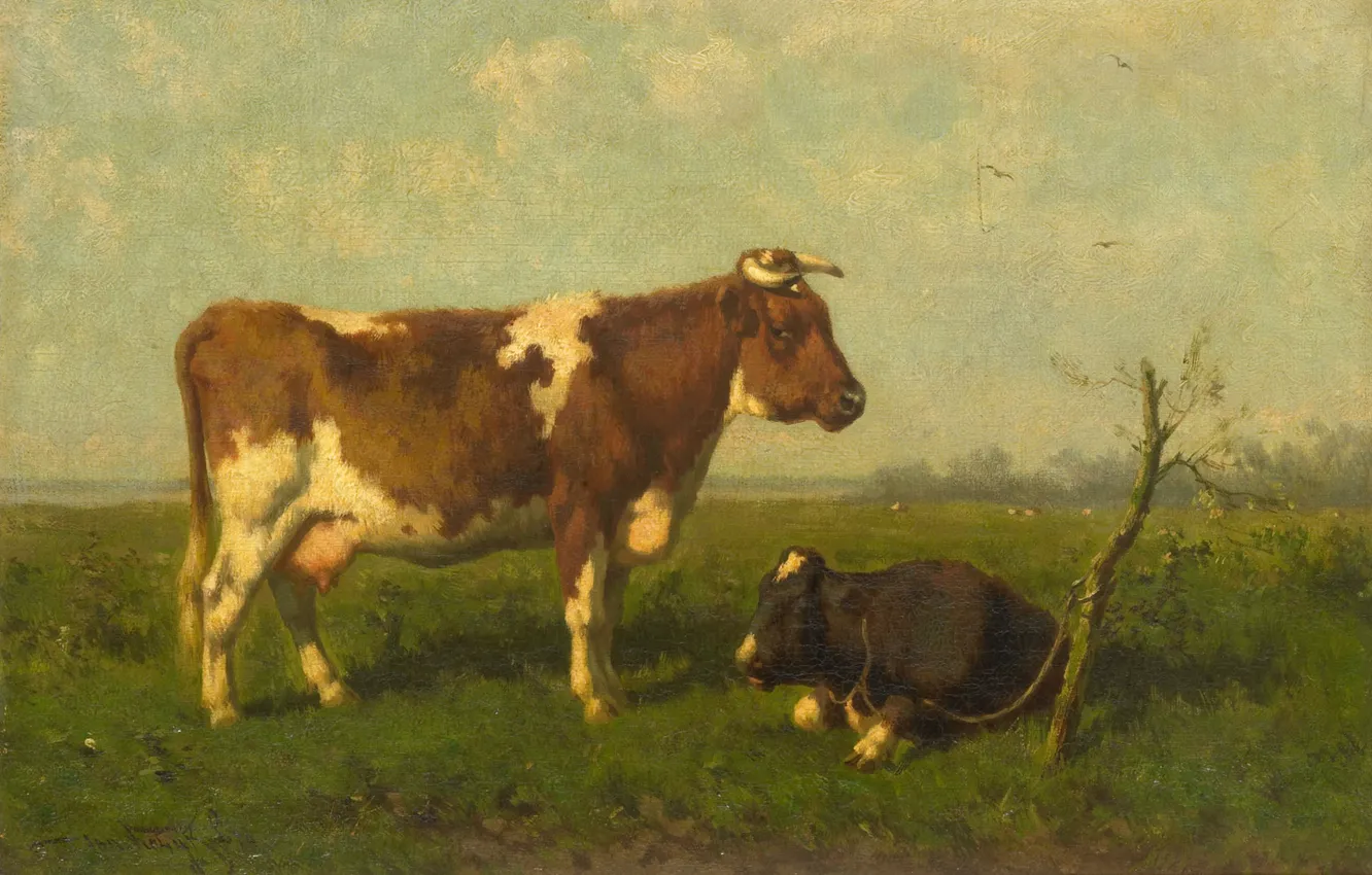 Photo wallpaper oil, canvas, 1879, By Jan Vrolijk, Cow with Calf in the Meadow