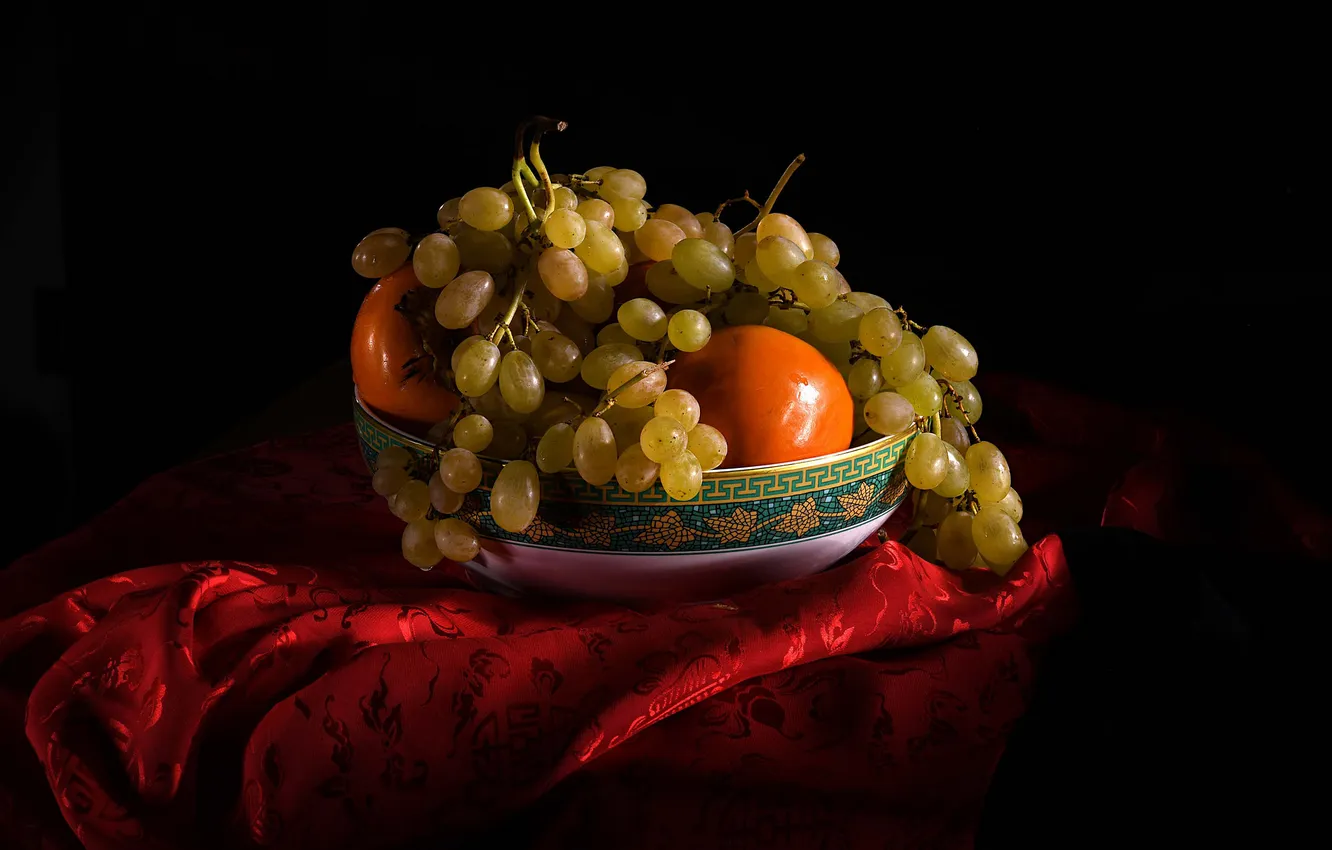 Photo wallpaper light, red, green, table, pattern, silk, grapes, fabric