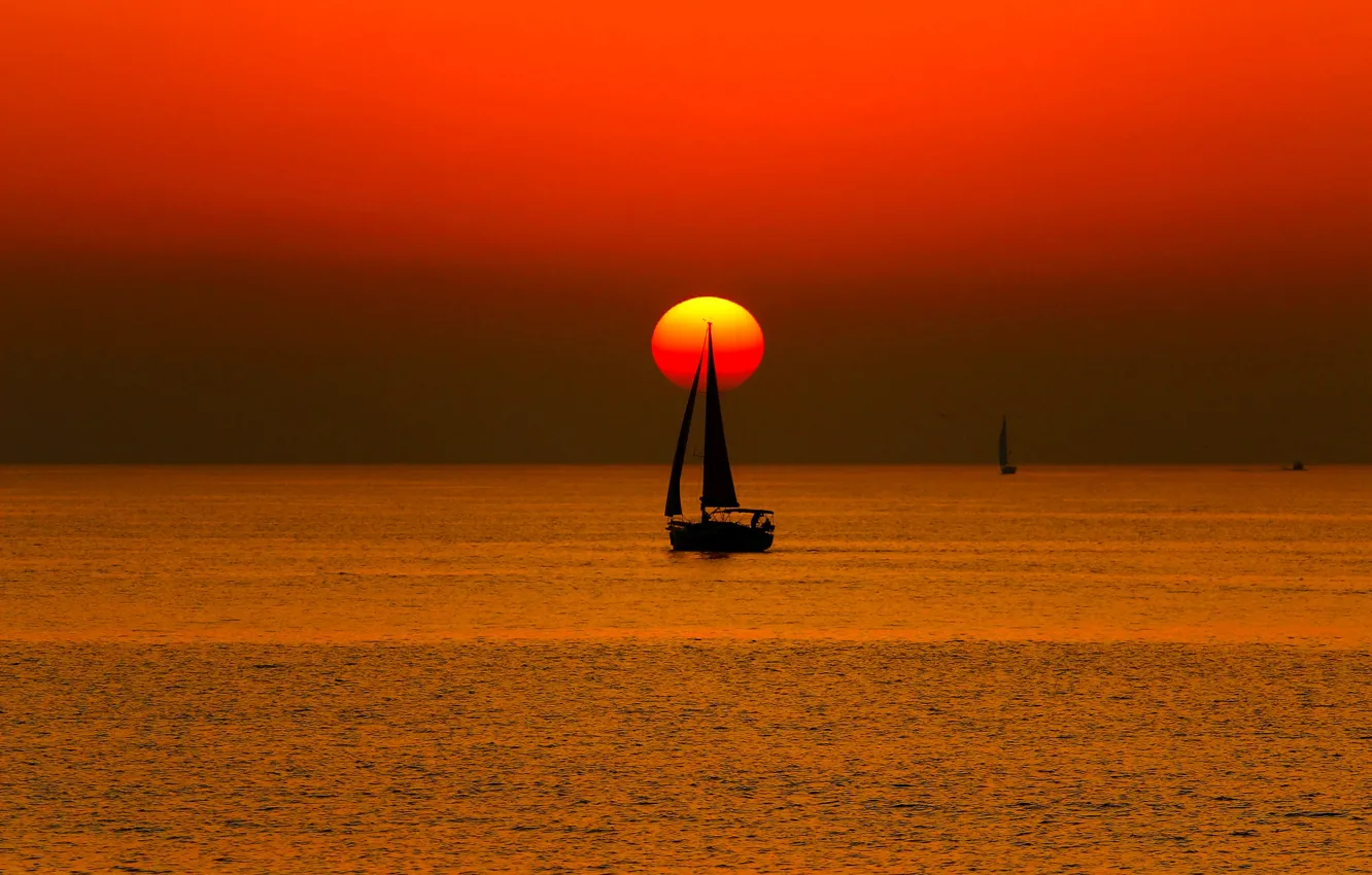 Photo wallpaper sea, the sky, the sun, sunset, boat, yacht, sail