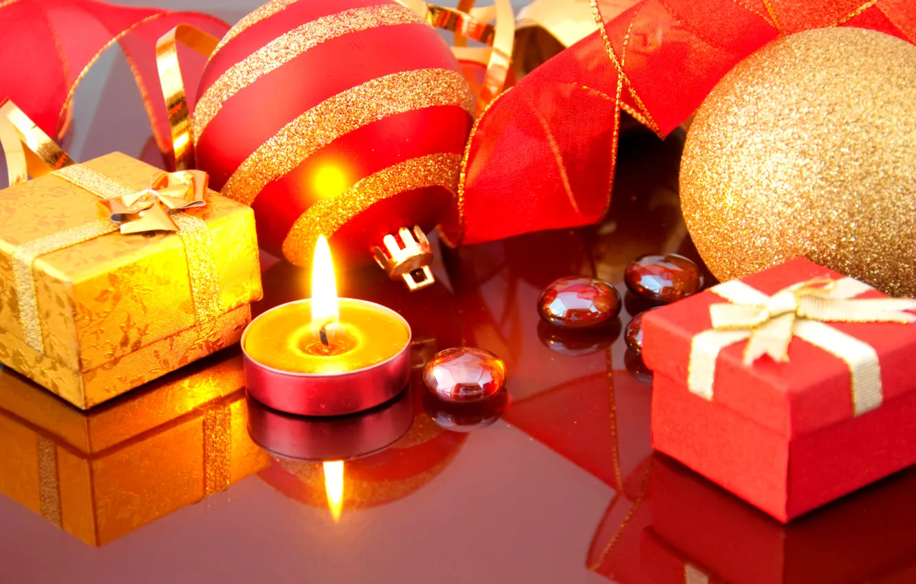 Photo wallpaper decoration, lights, reflection, flame, holiday, gift, balls, new year