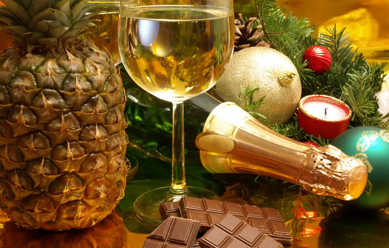 Photo wallpaper holiday, toy, glass, ball, chocolate, New year, pineapple, champagne