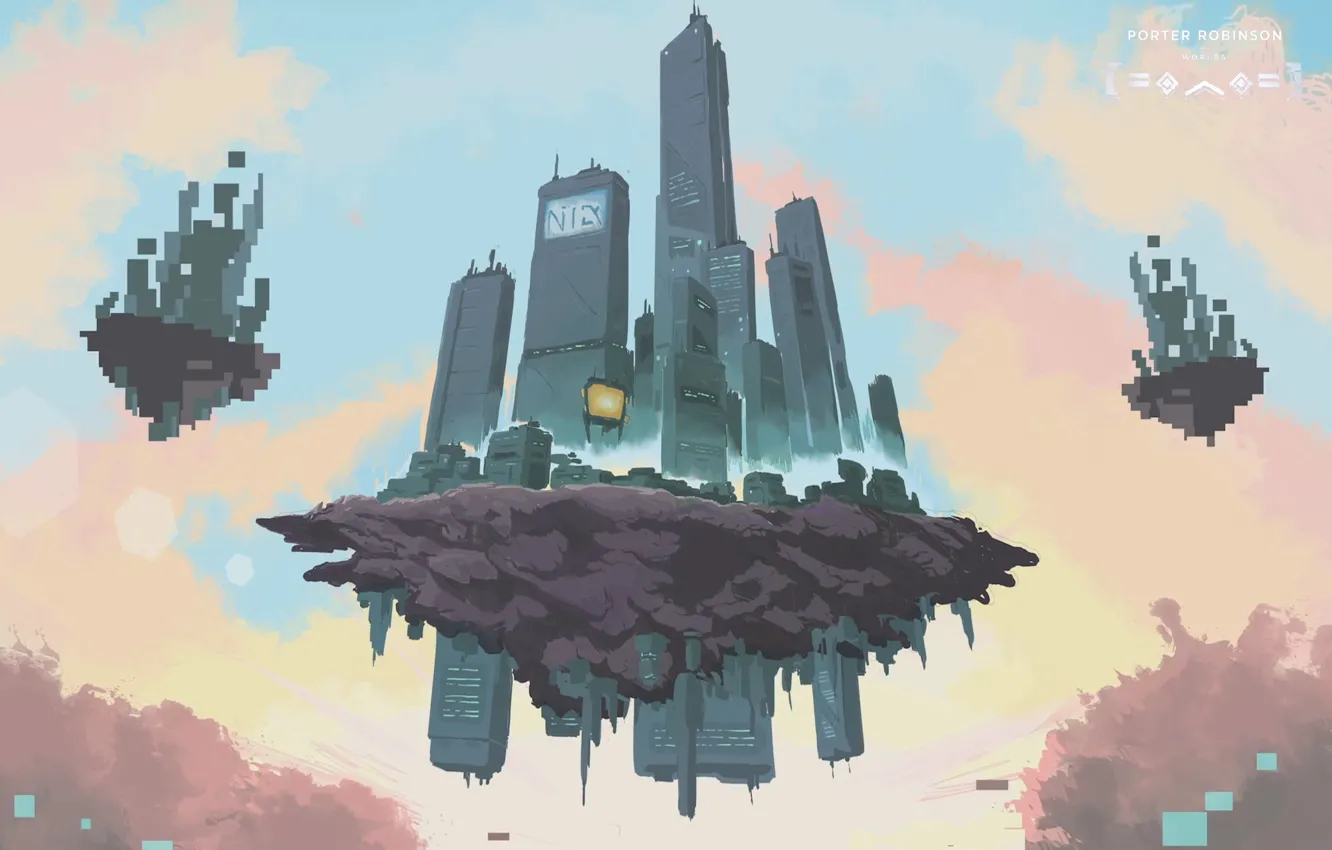 Photo wallpaper The sky, The city, Island, Skyscrapers, Fiction, Porter Robinson, City in the sky, Floating island