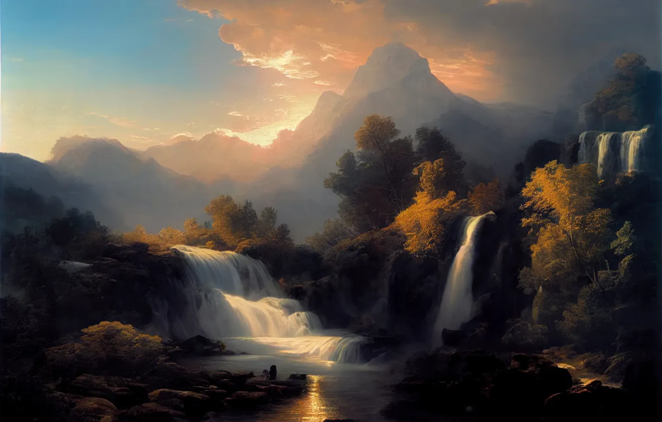 Photo wallpaper autumn, forest, clouds, light, landscape, mountains, nature, fog