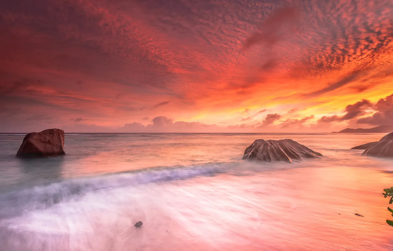 Photo wallpaper sea, clouds, stones, Seychelles, glow, The Indian ocean