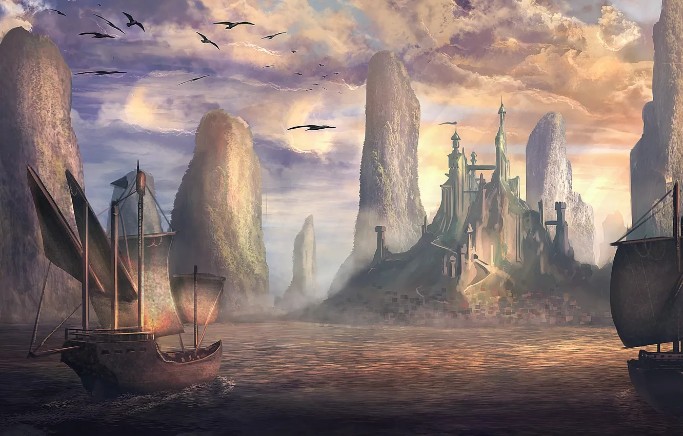 Photo wallpaper sea, castle, island, ships, fantasy, art, fantasy, sea