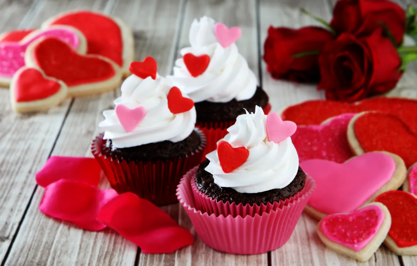 Photo wallpaper roses, cookies, red, love, cream, hearts, valentine's day, glaze