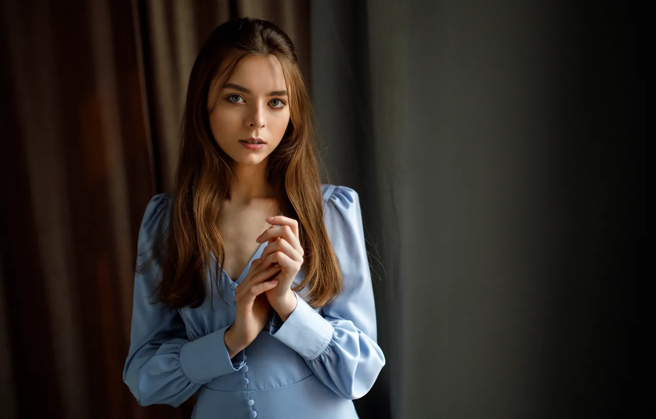 Photo wallpaper girl, dress, brown hair, curtain, Vitaly Zybin