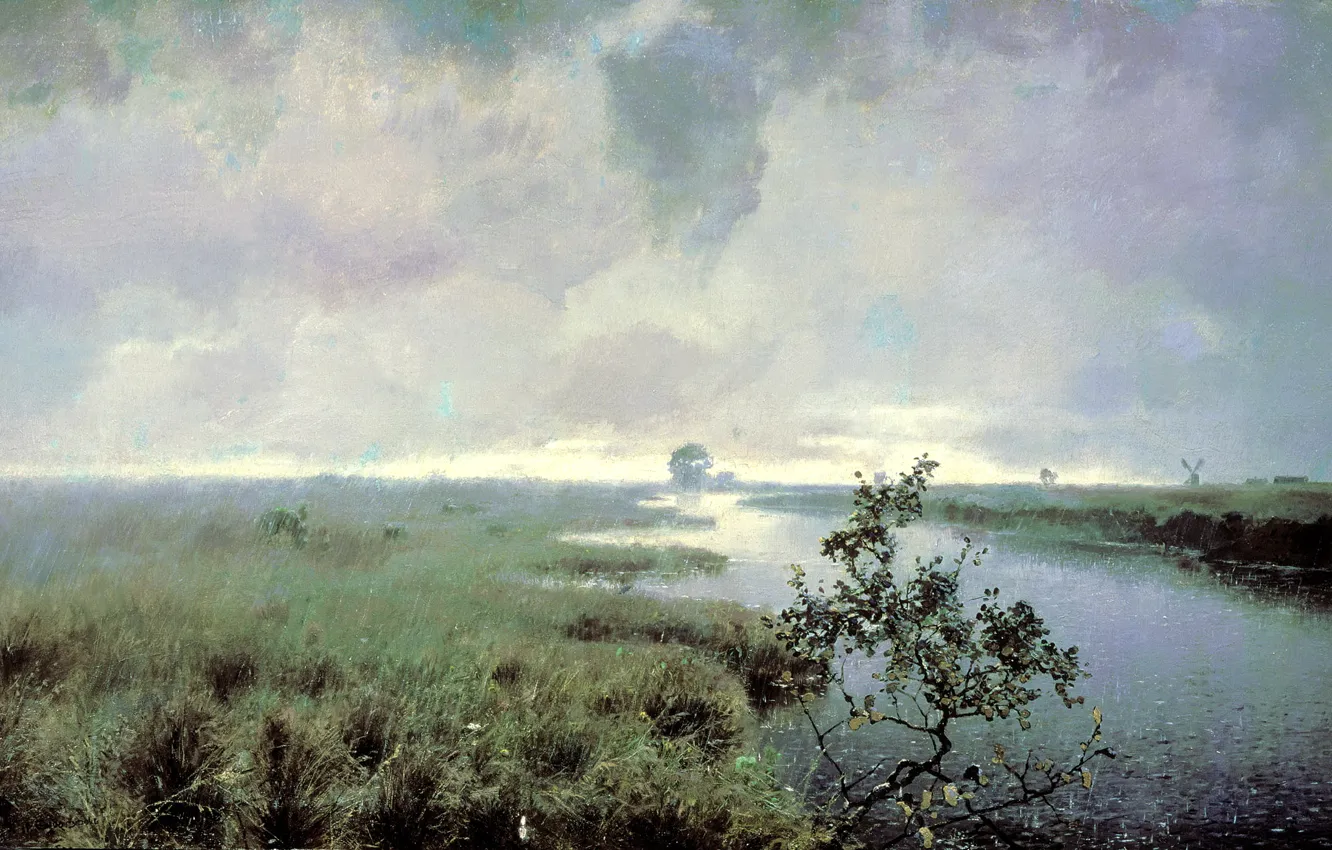 Photo wallpaper the sky, grass, water, clouds, drops, landscape, clouds, nature