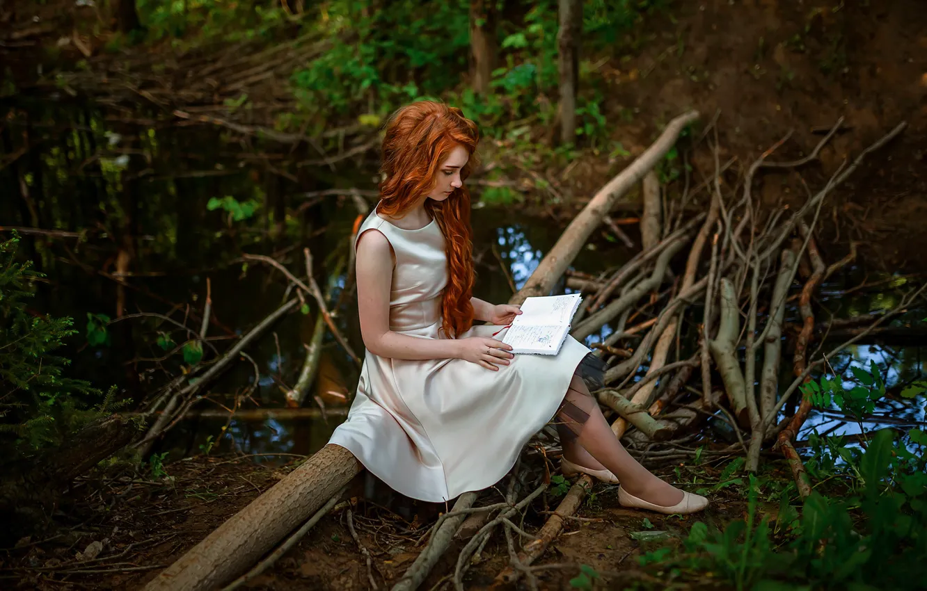 Photo wallpaper forest, water, girl, branches, nature, dress, red, notebook