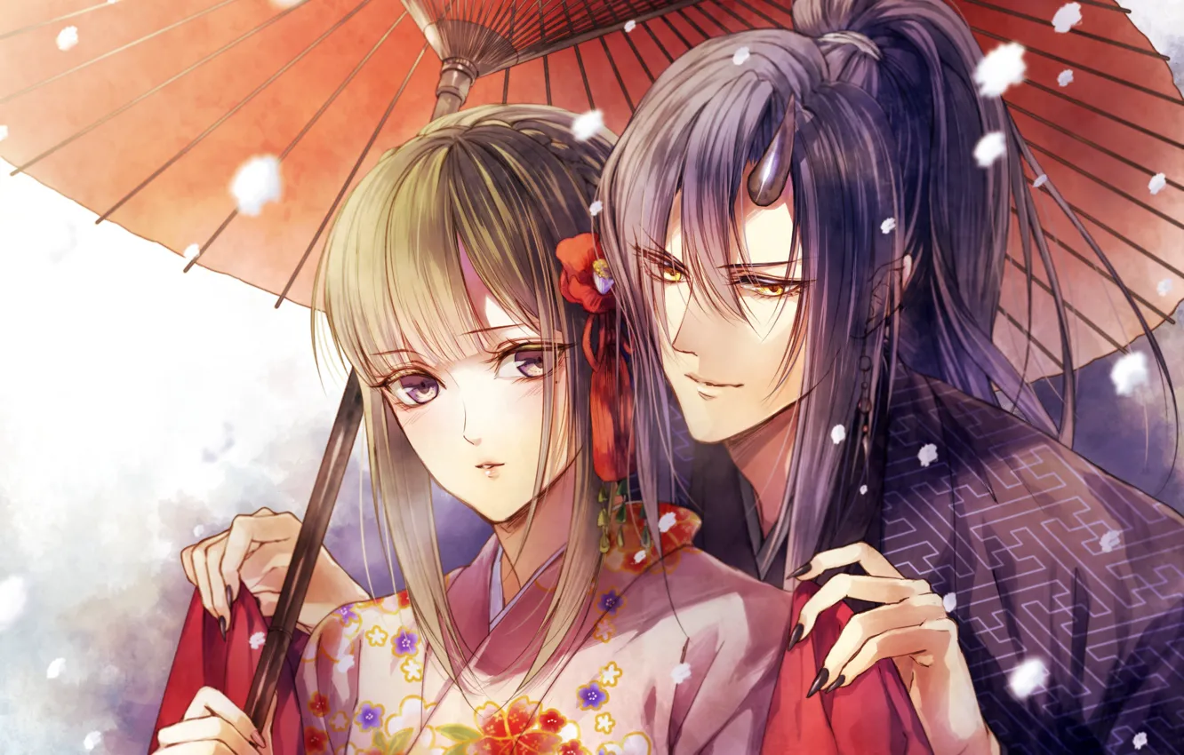 Photo wallpaper snow, umbrella, claws, horns, kimono, two, art, bangs