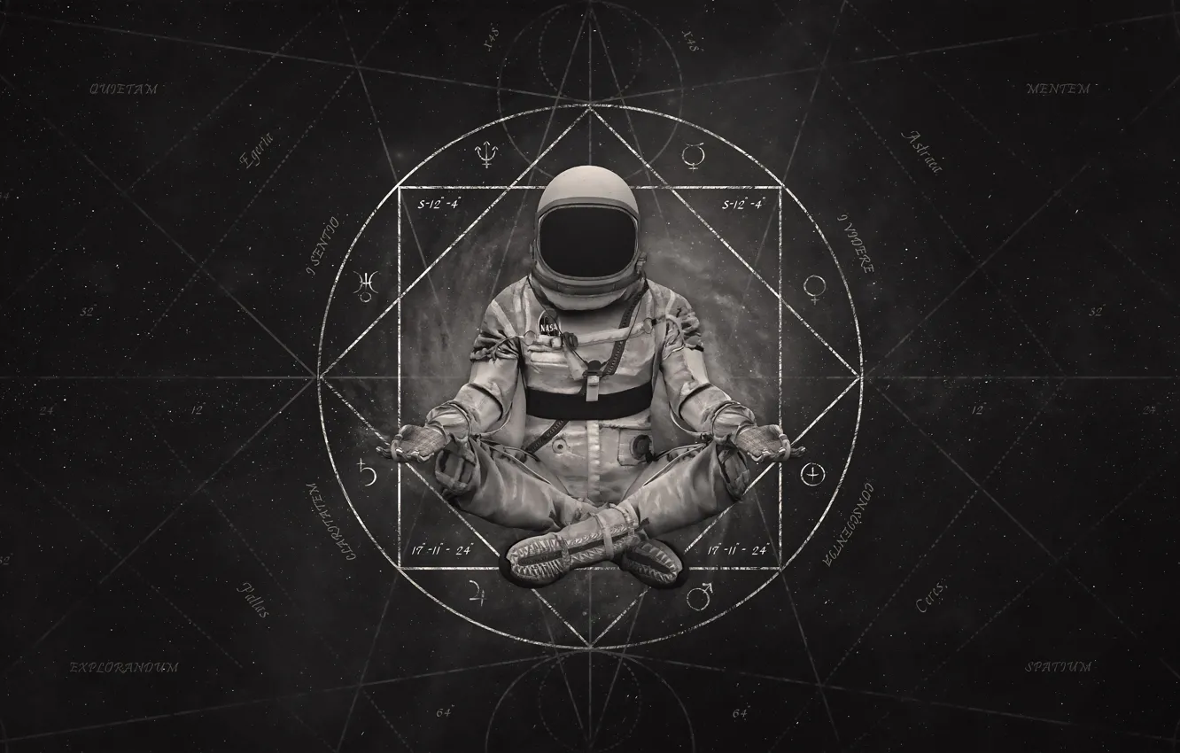 Photo wallpaper monochrome, digital art, artwork, sitting, pearls, geometry, meditation, astronaut
