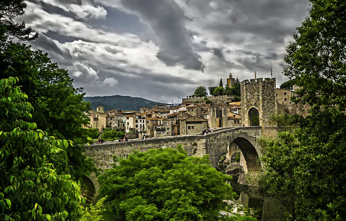 Photo wallpaper greens, the sky, trees, clouds, bridge, Spain, Spain, Catalonia