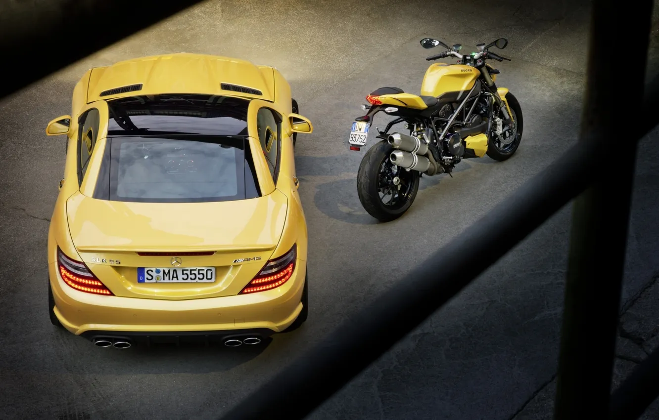Photo wallpaper machine, yellow, Mercedes-Benz, motorcycle, supercar, bike, Ducati, Mercedes