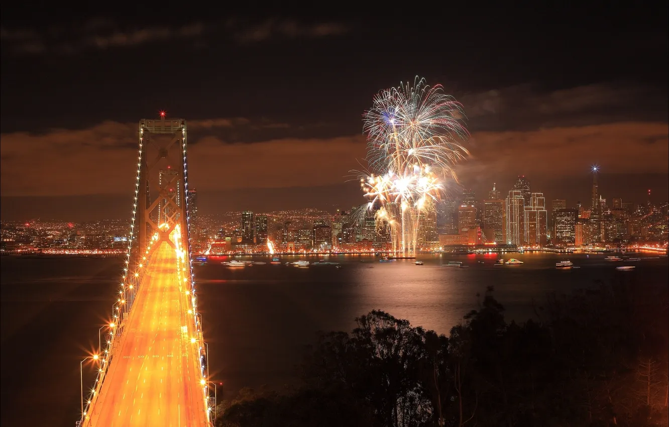 Photo wallpaper night, bridge, the city, CA, San Francisco, fireworks, USA, USA