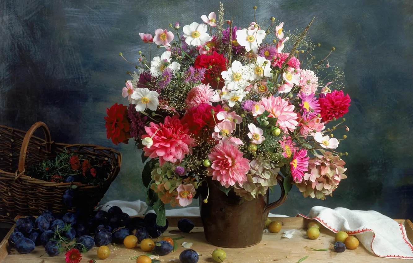 Photo wallpaper Vase, Bouquet, Fruit