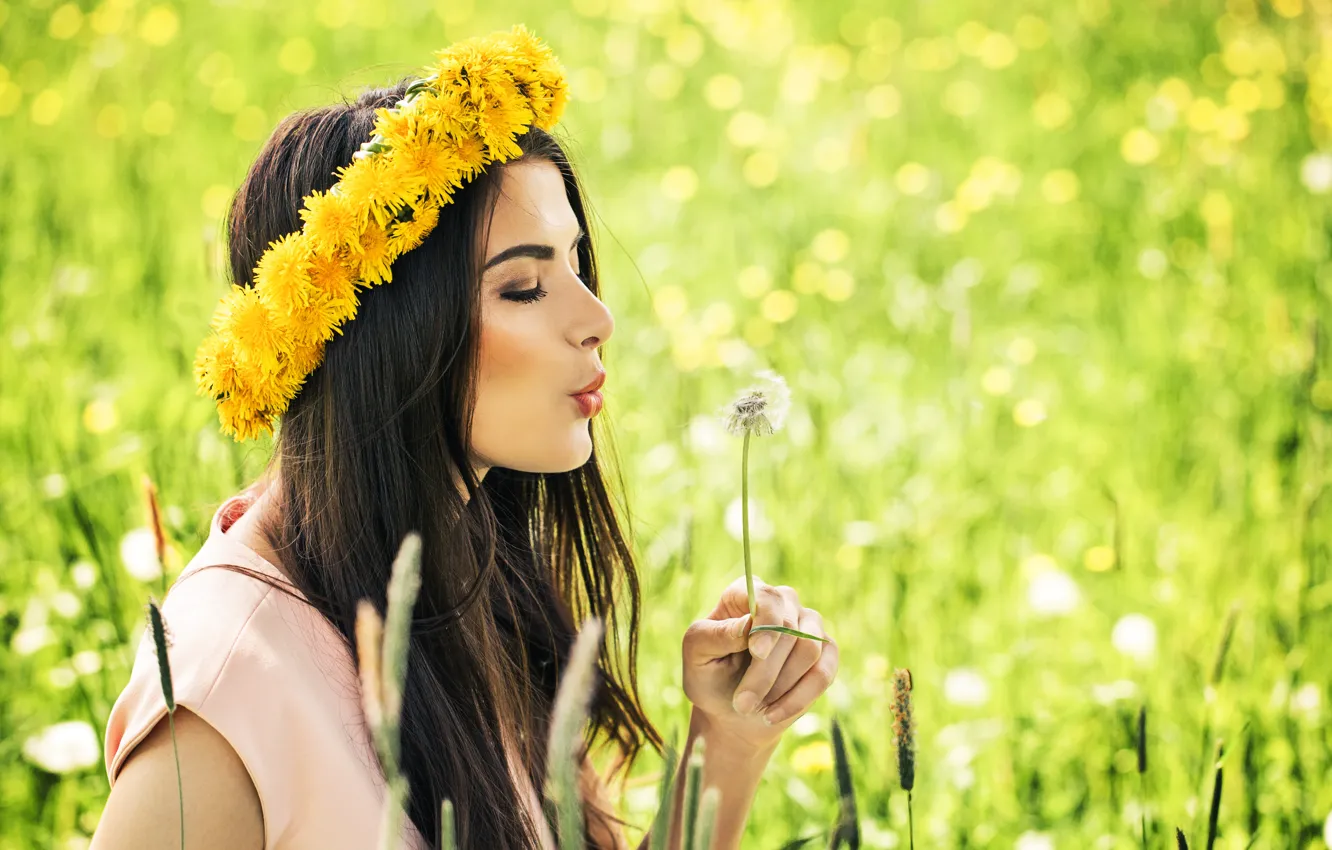 Photo wallpaper field, summer, girl, dandelion, model, makeup, wreath, Iulia Nemchinova