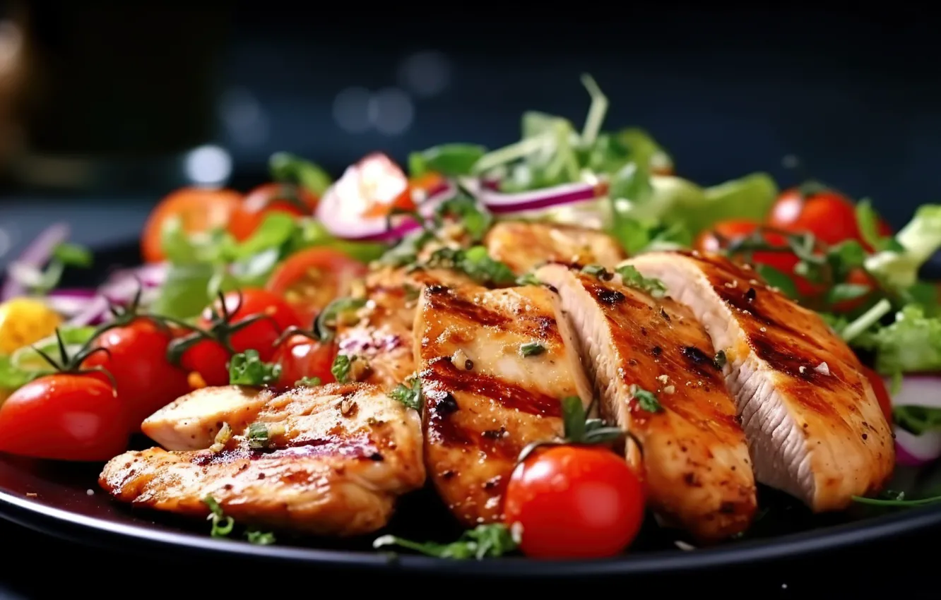 Photo wallpaper greens, food, bow, meat, vegetables, tomatoes, dish, fried