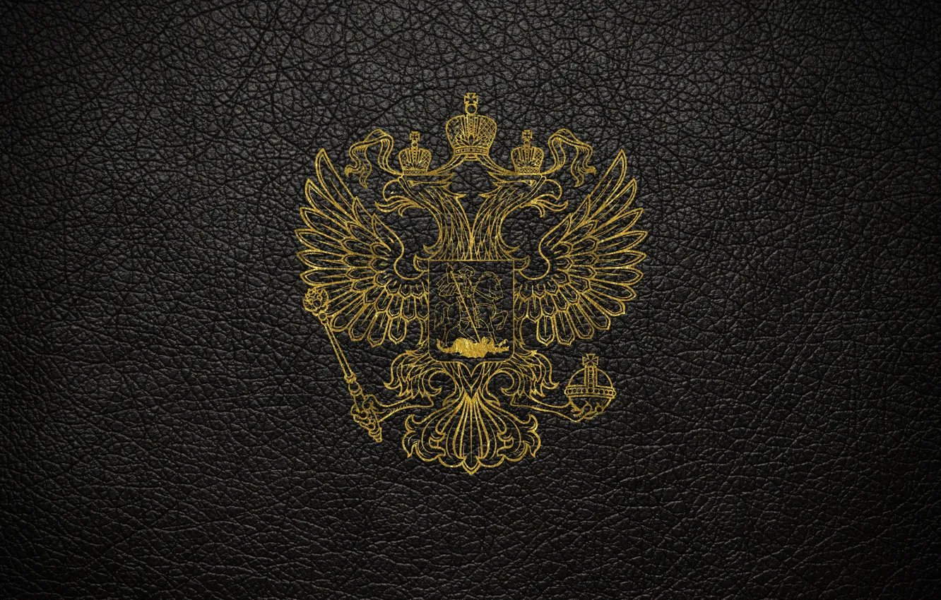 Photo wallpaper leather, scratches, gold, black background, coat of arms, Russia, coat of arms of Russia