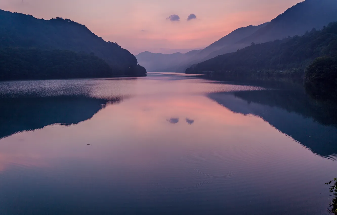 Photo wallpaper forest, mountains, lake, reflection, dawn