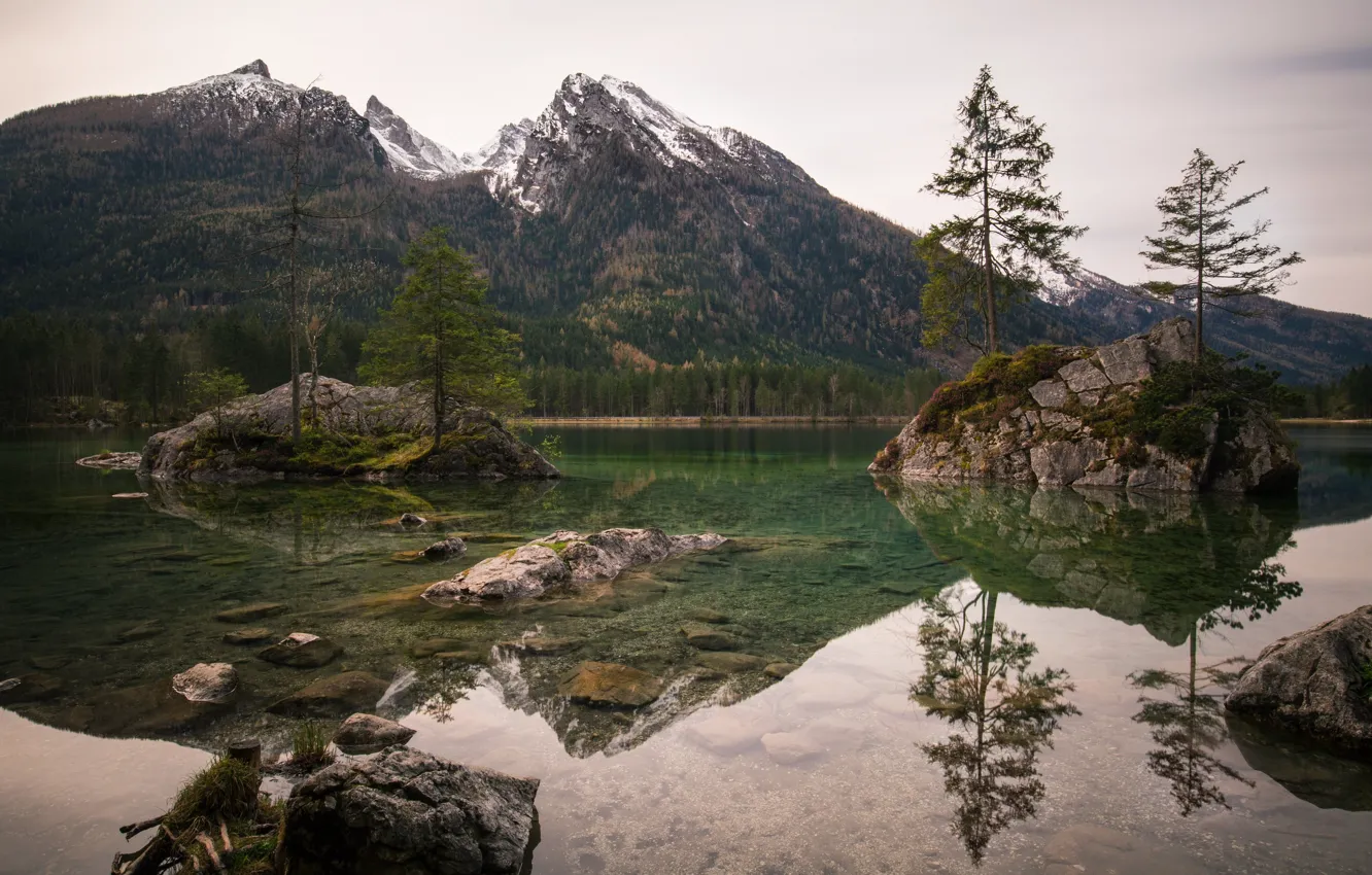 Photo wallpaper trees, mountains, lake, Germany, island, Ramsau, Hintersee, Upper Bavaria