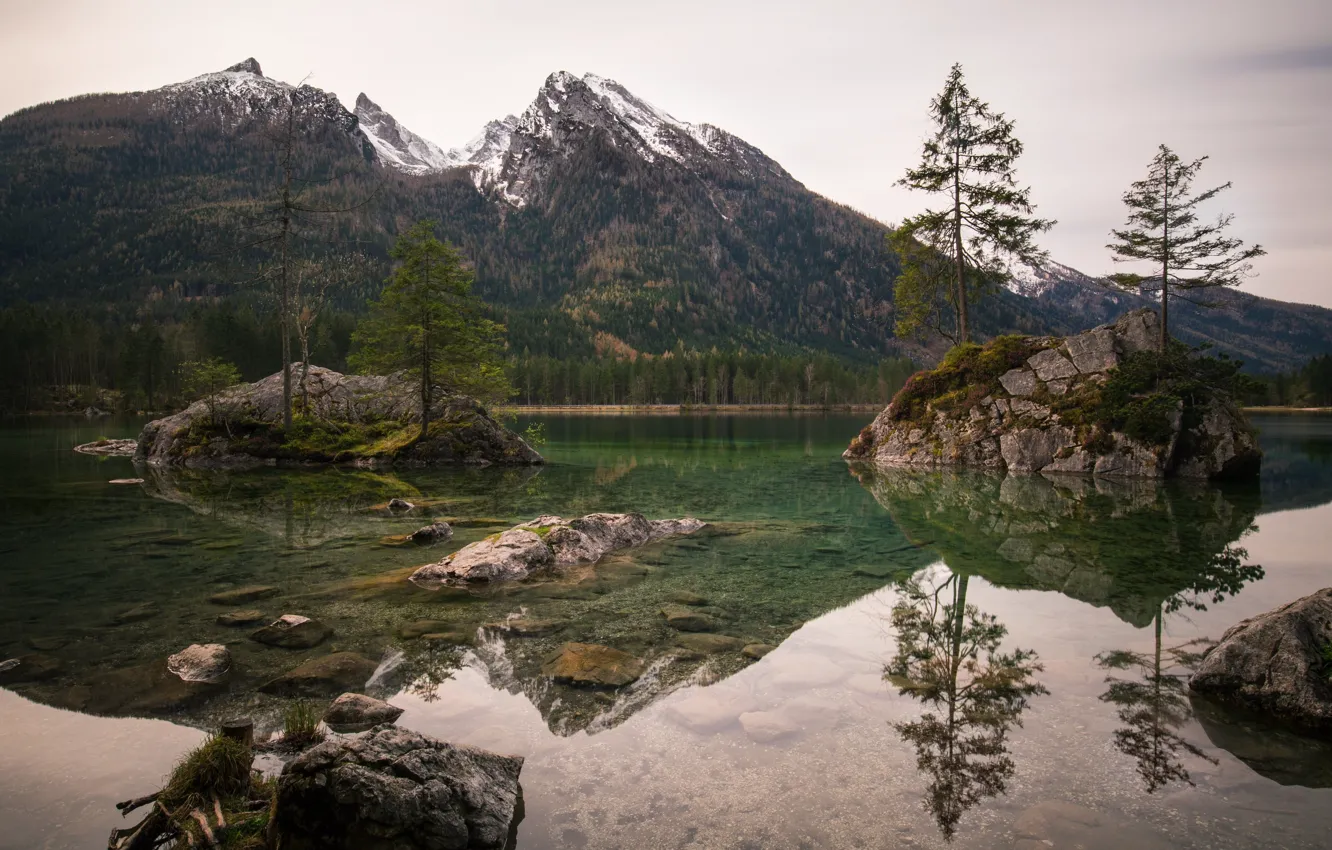 Photo wallpaper trees, mountains, lake, Germany, Islands, Ramsau, Hintersee, Upper Bavaria