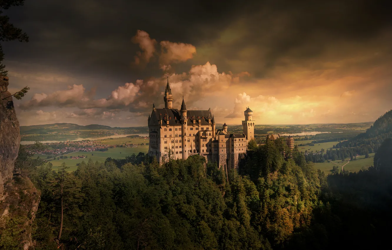 Photo wallpaper clouds, light, mountains, castle, height, Neuschwanstein