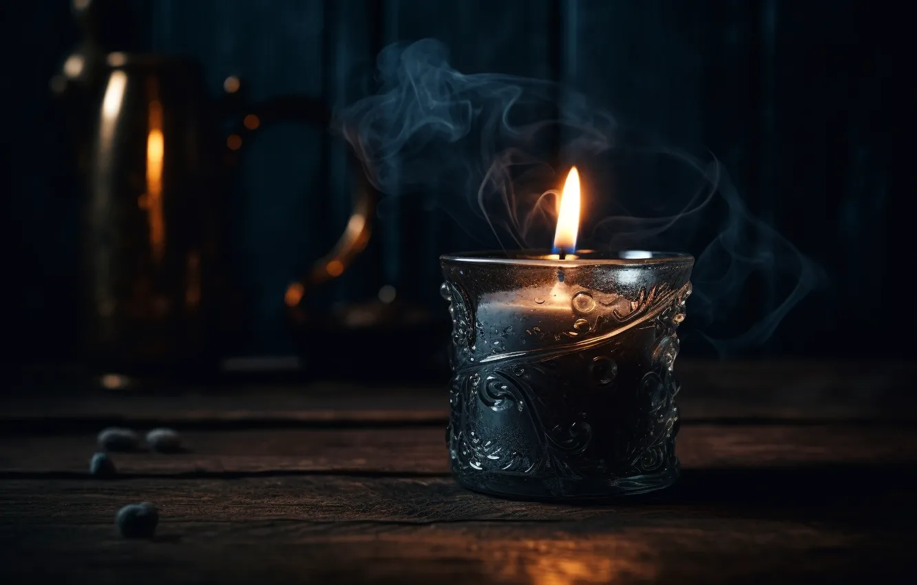 Photo wallpaper glass, lights, the dark background, table, flame, smoke, Board, candles