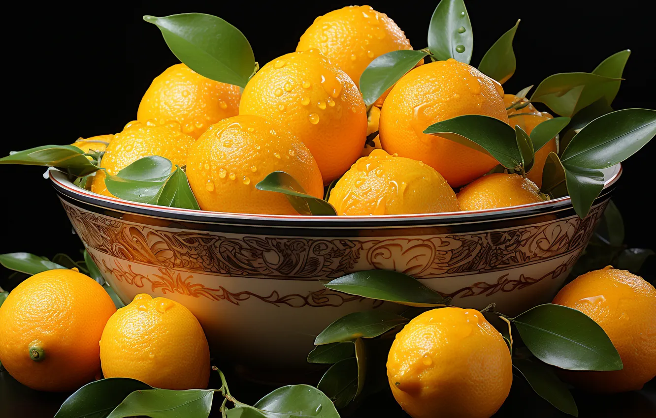 Photo wallpaper leaves, water, drops, close-up, table, lemon, moisture, orange