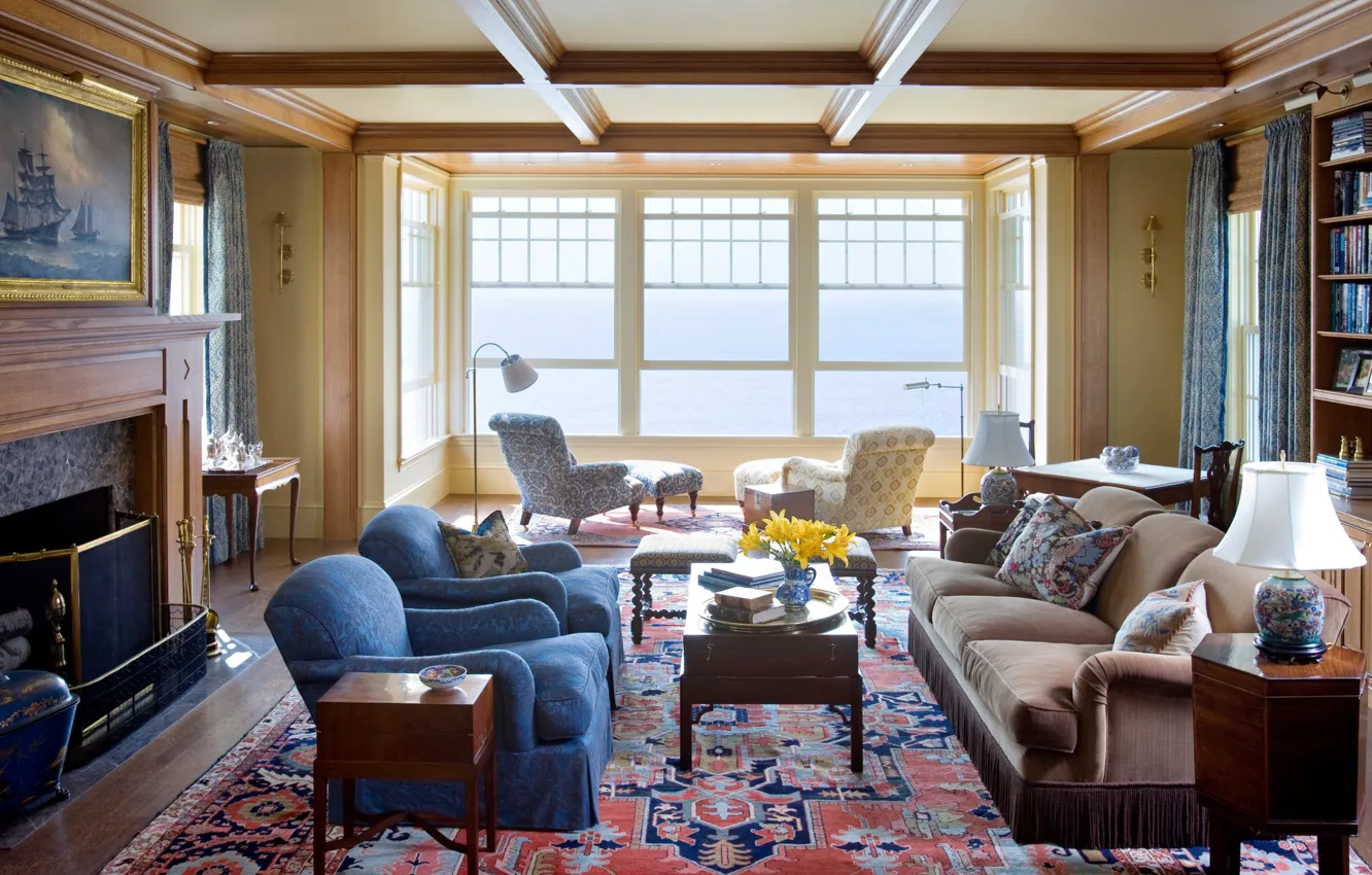 Photo wallpaper design, interior, fireplace, library, living room, English style, New England, by Elizabeth Brosnan Hourihan interiors