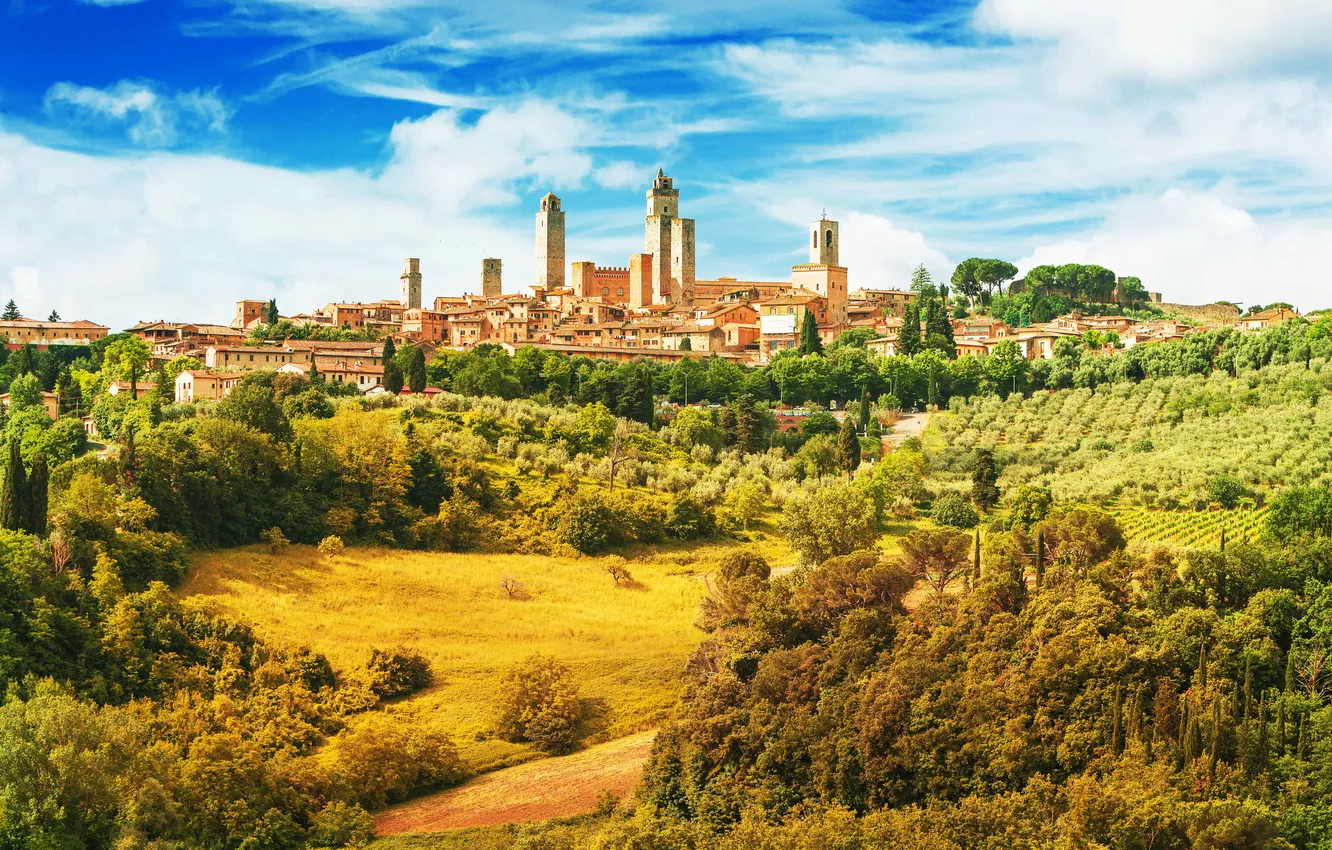 Photo wallpaper landscape, nature, panorama, old, italy, meadow, medieval, landmark