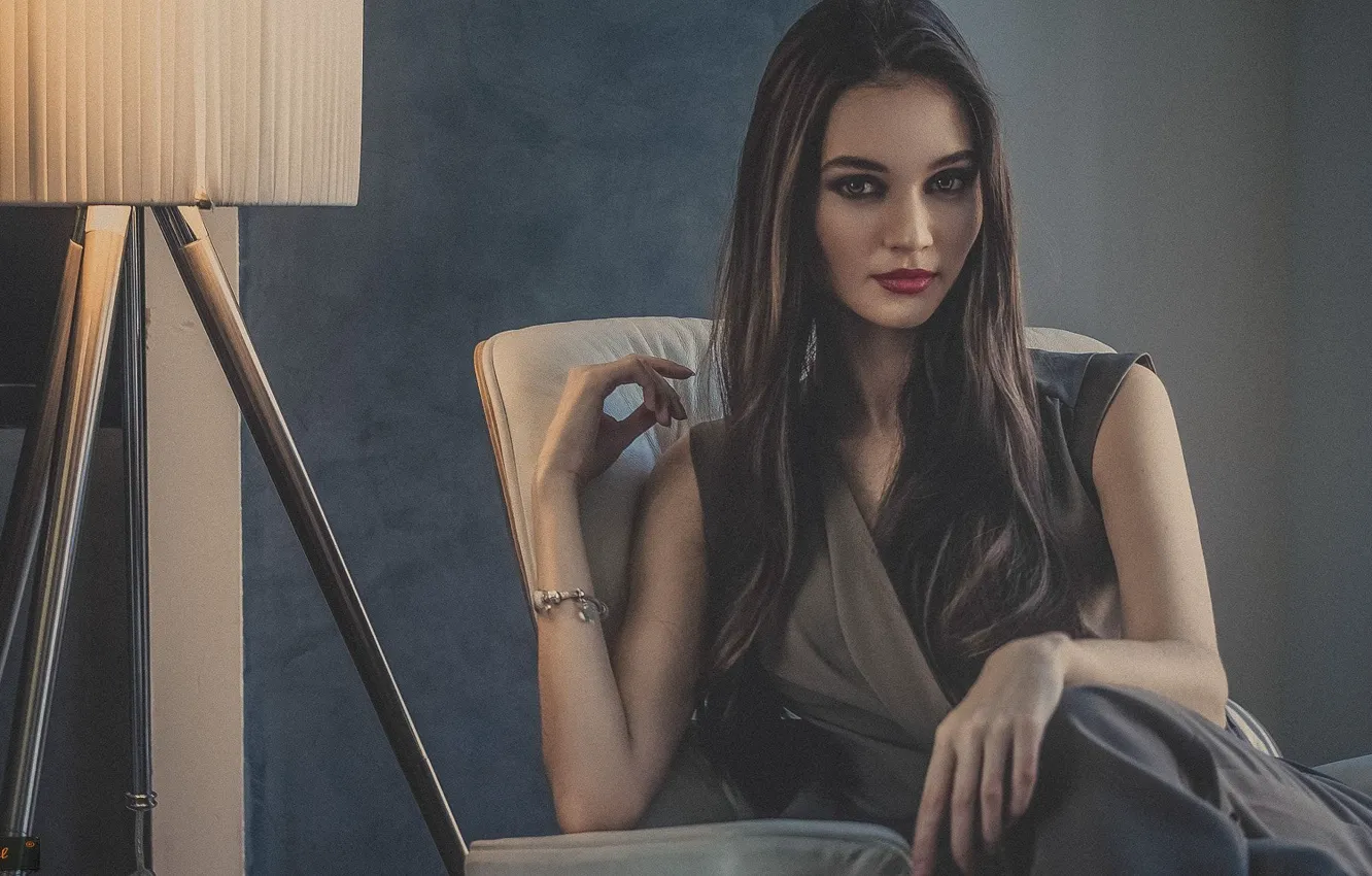 Photo wallpaper look, girl, brown hair, sitting, Ksenia Grenkova