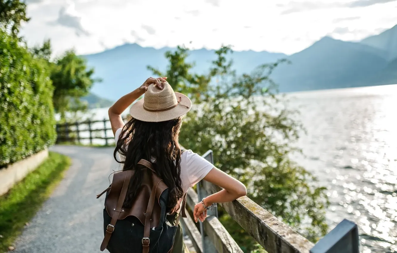 Photo wallpaper summer, girl, mountains, nature, lake, t-shirt, Europe, hat
