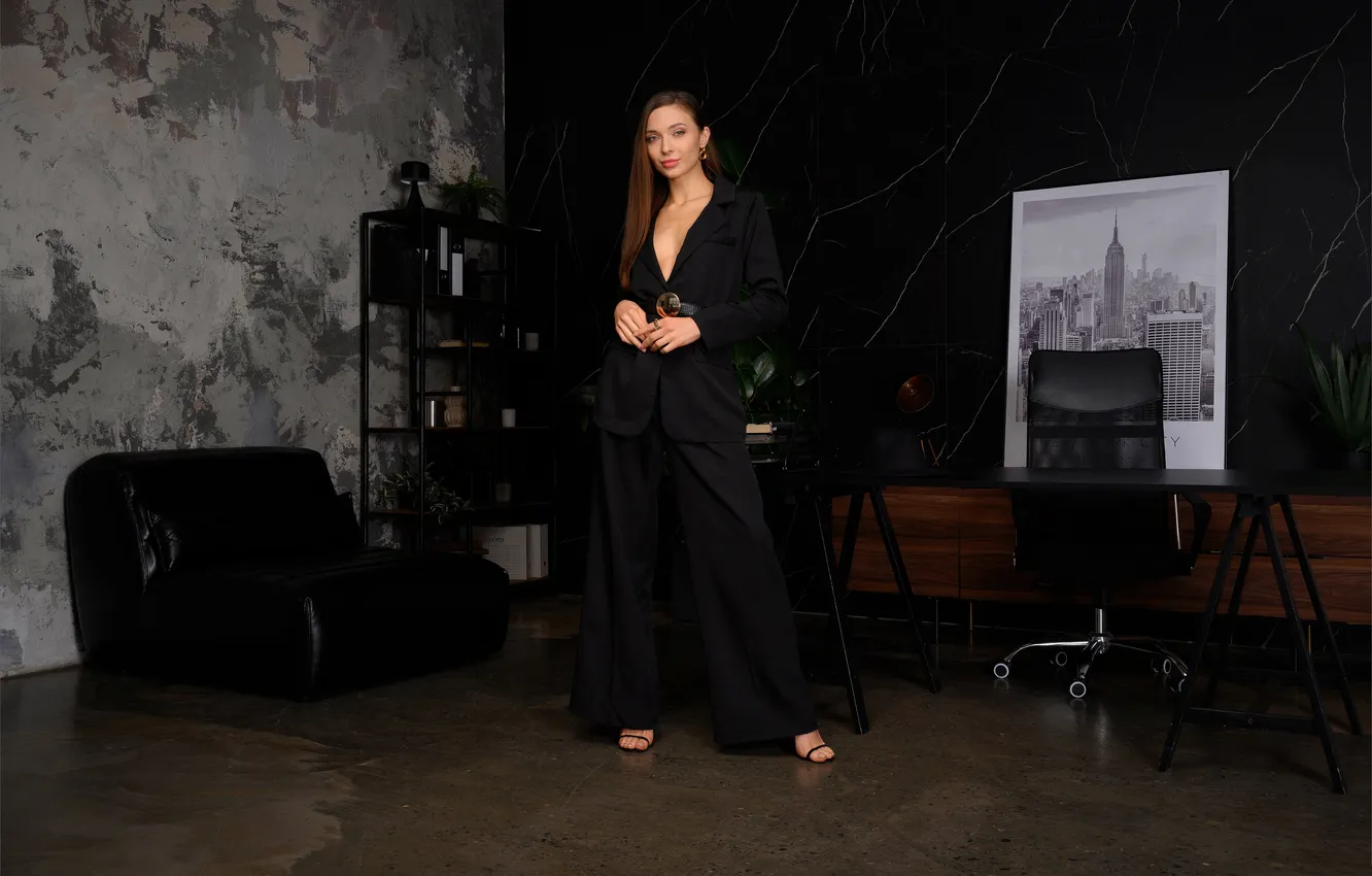 Photo wallpaper long hair, model, brunette, Mariana, gorgeous, posing, pants, beautiful face