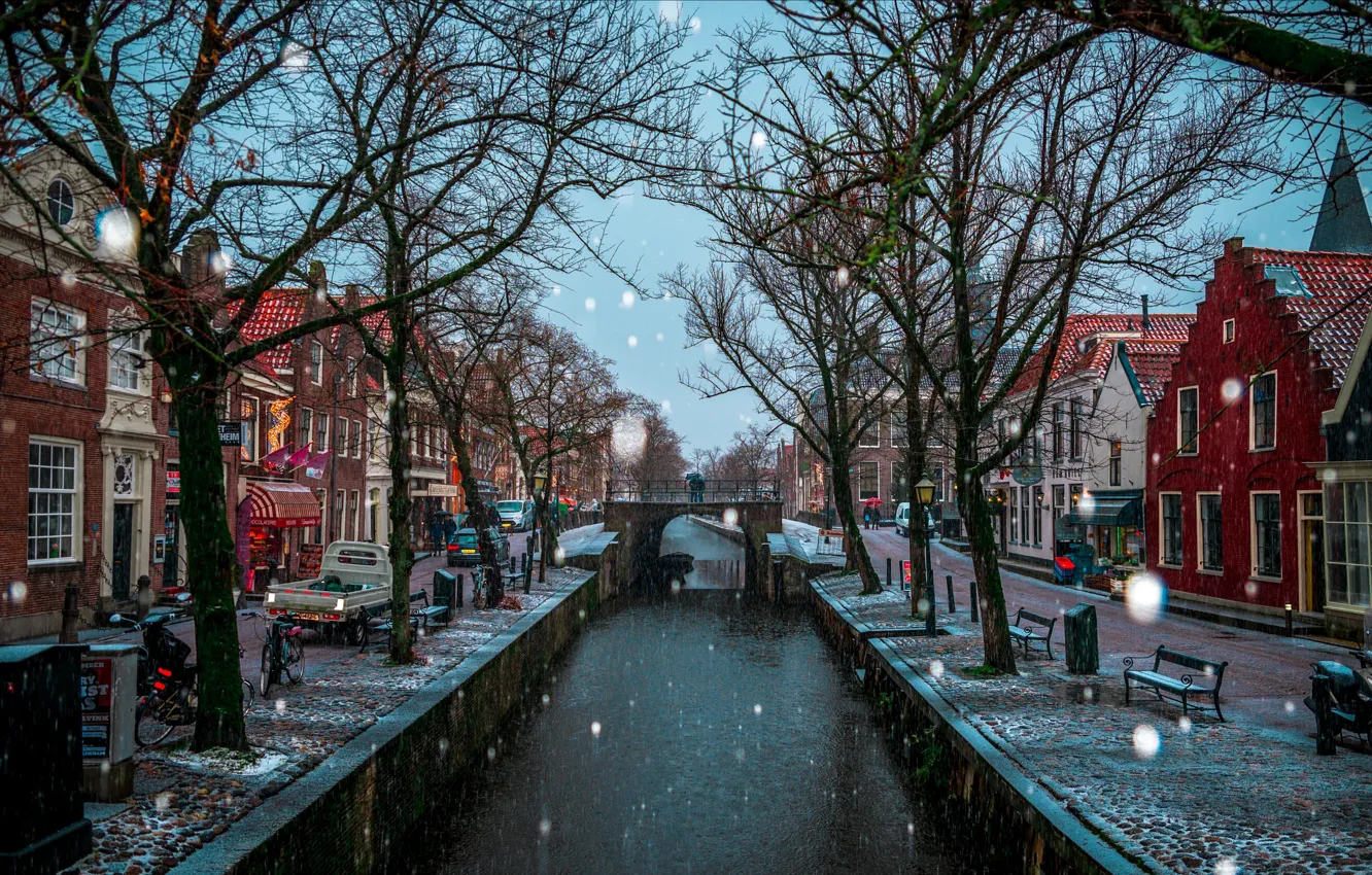 Photo wallpaper winter, snow, trees, the city, home, channel, Netherlands, the bridge