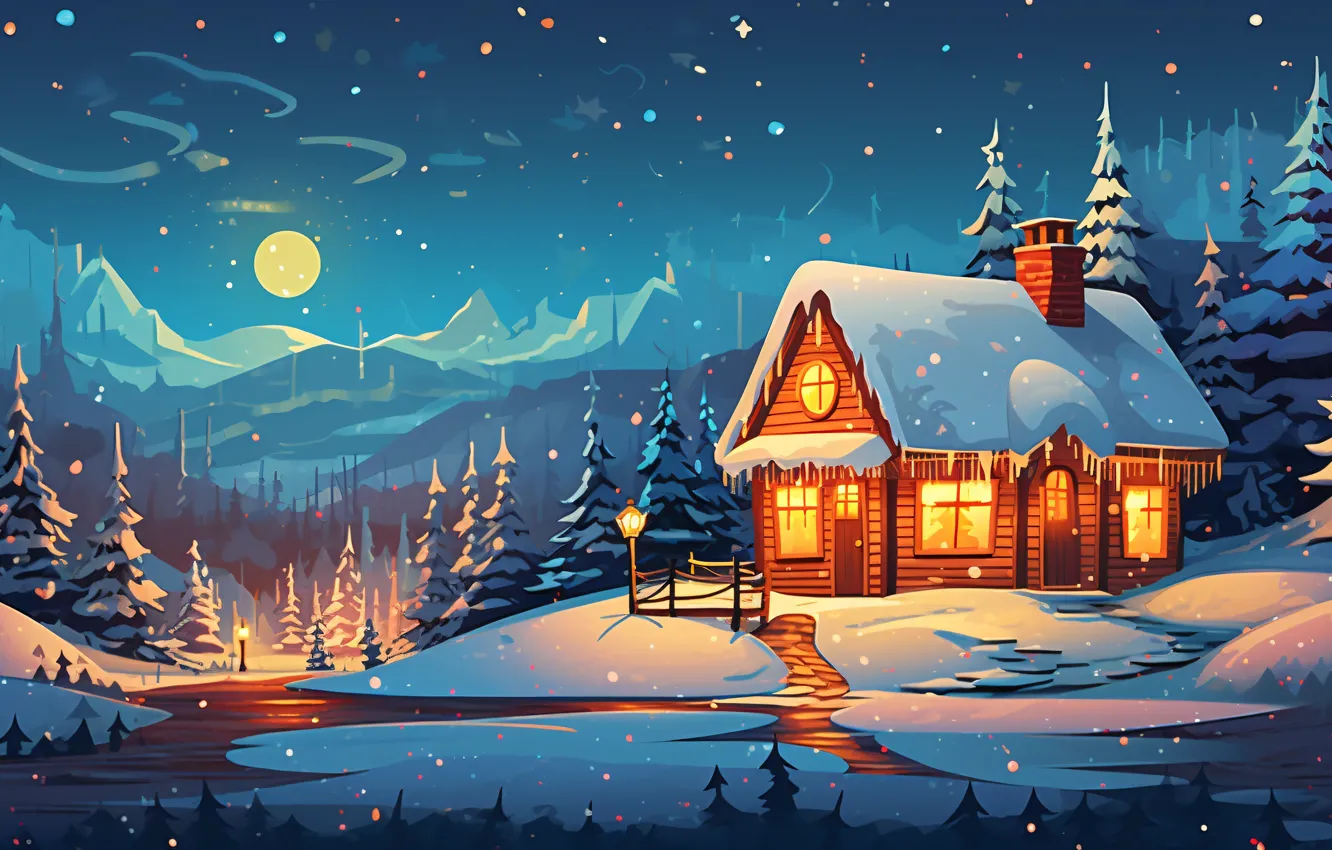 Photo wallpaper winter, snow, holiday, graphics, tree, new year, home, Christmas