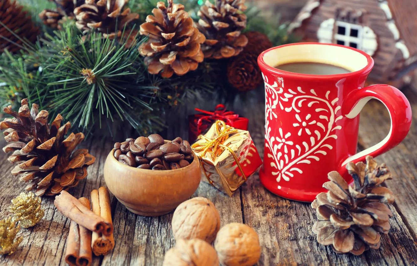 Photo wallpaper branches, holiday, Board, new year, coffee, Christmas, Cup, drink